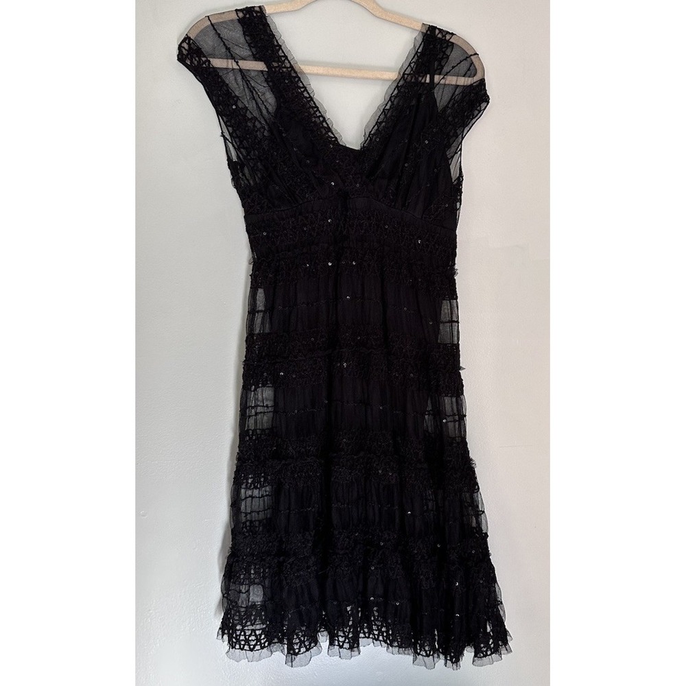 Women's Black Lace Tiered Ruffle Dress Small Sequin Romantic Goth Cocktail Party